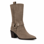 Taupe suede mid-calf pure leather boot with harness