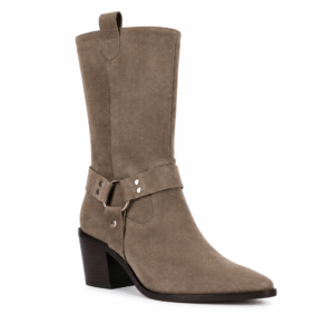 Taupe suede mid-calf pure leather boot with harness