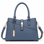 Elegant blue leather handbag with gold accents
