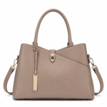 Taupe structured tote with gold accents